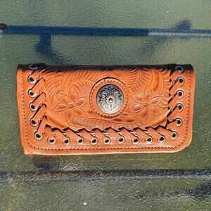 American West Handcrafted Leather Tooled Floral Concho Trifold Wallet Tan